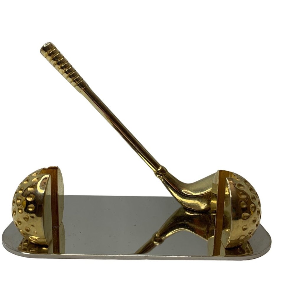 Russ Brass Business Card Holder Golf Balls & Club Vintage Taiwan